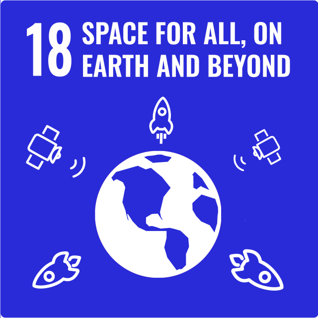 Space 18th SDG icon: “18 — Space for All, on Earth and Beyond”, the Earth circled by rockets and satellites